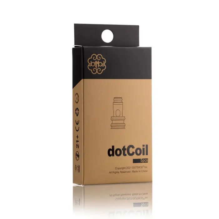 Product packaging for dotCoil vaping coils, featuring a black and tan color scheme with a gold logo.