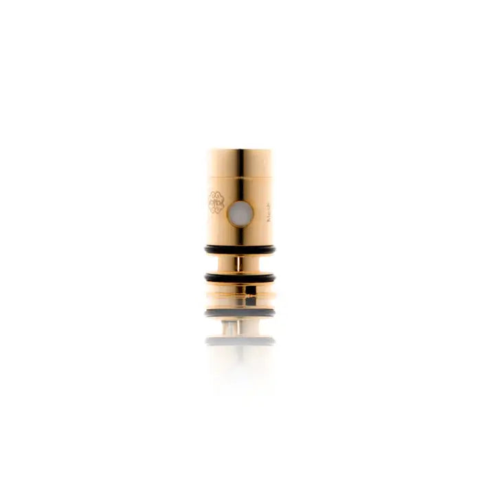 Gold-colored cylindrical drip tip for an electronic cigarette or vaping device.