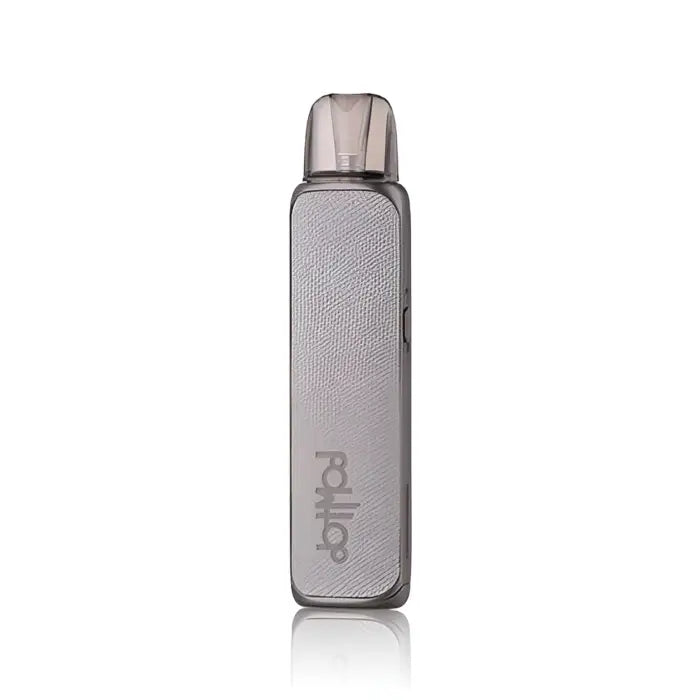 Sleek, silver-gray electronic vaping device with ’Relx’ branding.