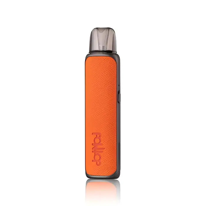 Orange vape pen or e-cigarette device with a textured exterior and clear mouthpiece.