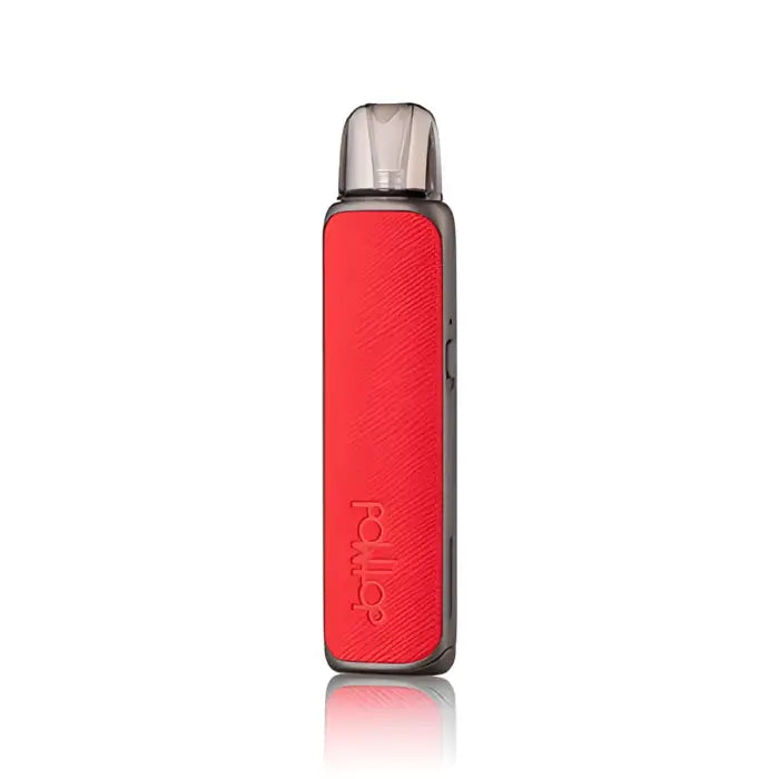 Red electronic vaping device with a textured exterior and clear mouthpiece.