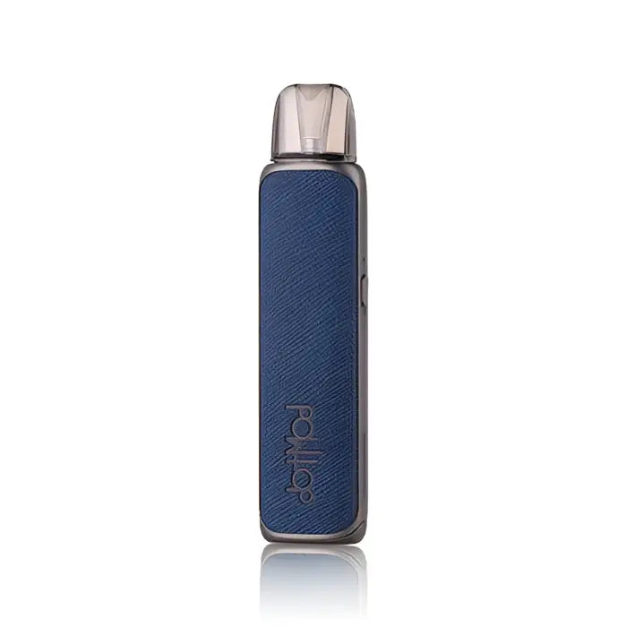 Blue and silver vape device or e-cigarette with a textured exterior.