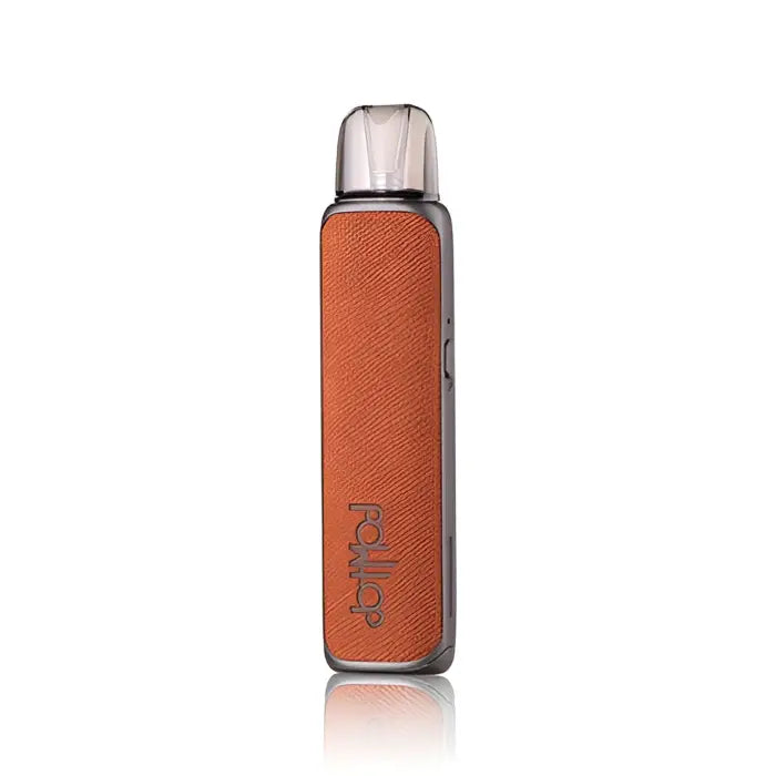 Orange leather-textured vape device with a clear mouthpiece and ’Kado’ branding.