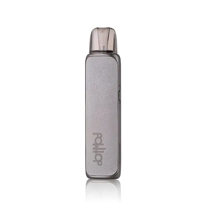 Sleek, silver-gray electronic vaping device with ’Relx’ branding.