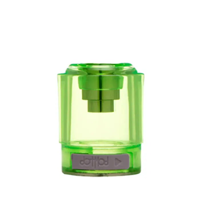 Transparent green plastic container with a tiered top and a gray base.