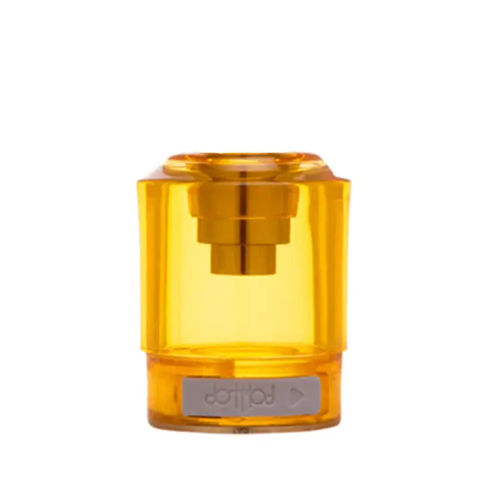 Transparent yellow cylindrical container with a metallic top.