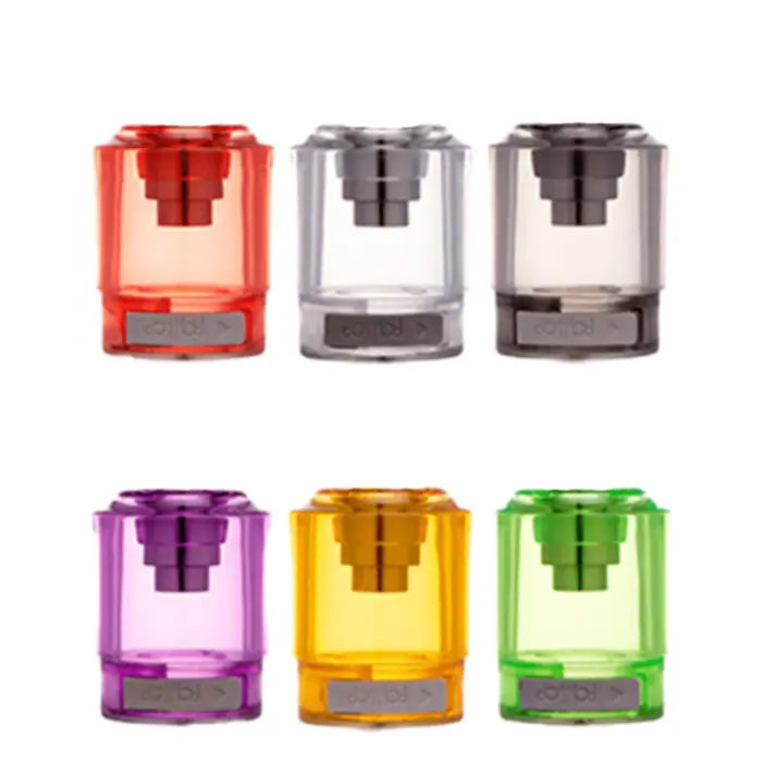 Set of colorful vape pods or cartridges in various transparent hues.