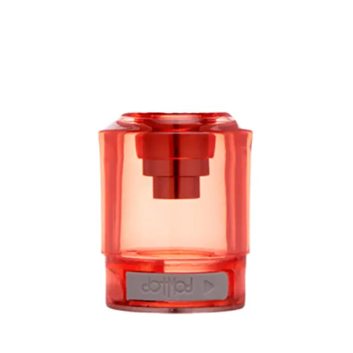 Transparent red plastic container with a metallic top and base.