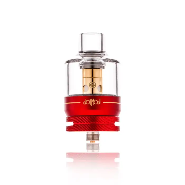 Red and clear vaping atomizer or tank with a gold-colored interior component.