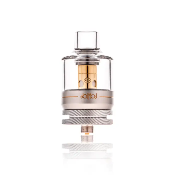 Transparent vaping atomizer or tank with metallic components and a visible coil inside.