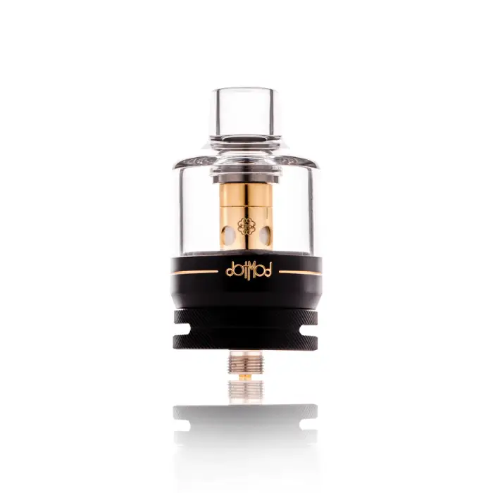 Vaping atomizer or tank with a clear glass chamber and black base.