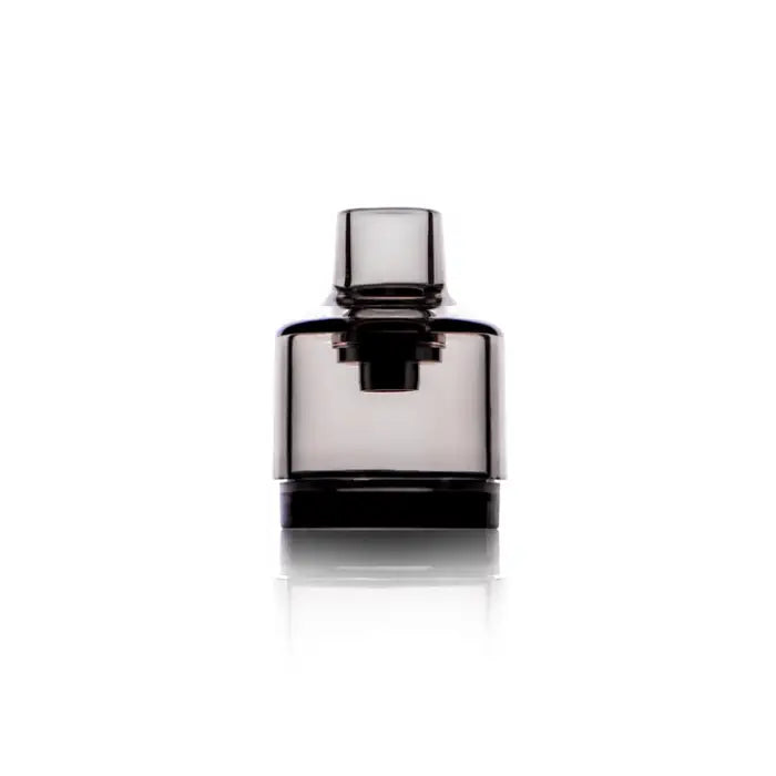 Smoky gray glass perfume bottle with a square shape and cylindrical cap.