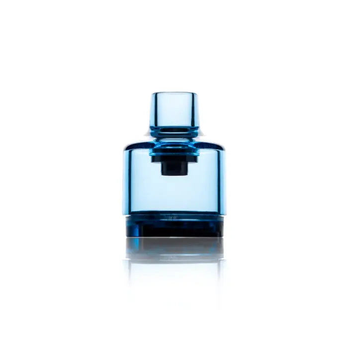 Blue glass perfume or cologne bottle with a cylindrical shape and rounded edges.