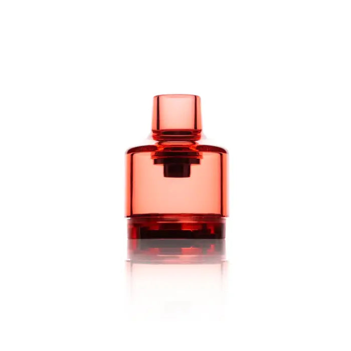 Red translucent glass perfume bottle with a cylindrical shape and flat top.