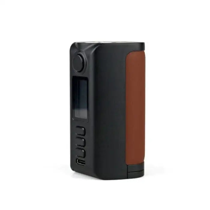 Electronic vaping device with a black and brown exterior.