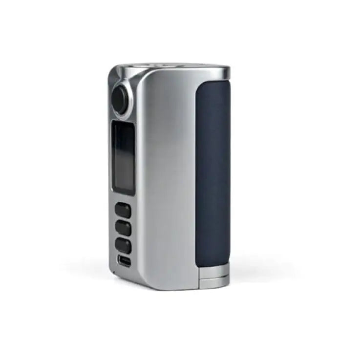 Sleek silver and black electronic vaping device with a digital display and control buttons.