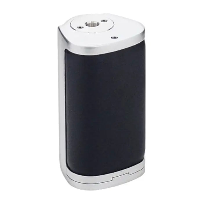 Cylindrical electronic device with a black body and white top and bottom sections.