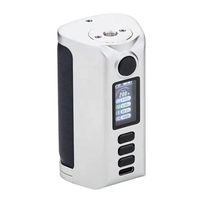 White electronic vaping device with a small display screen and control buttons.