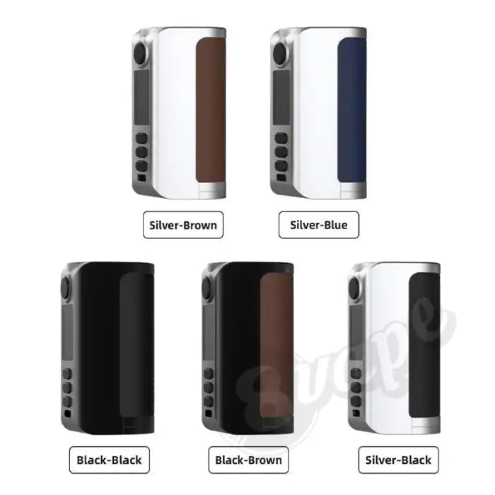 Electronic vaping devices or box mods in various color combinations.