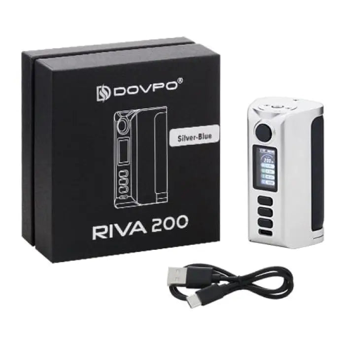 Electronic vaping device with its packaging and USB charging cable.