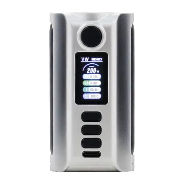 Electronic vaping device with a digital display and control buttons.