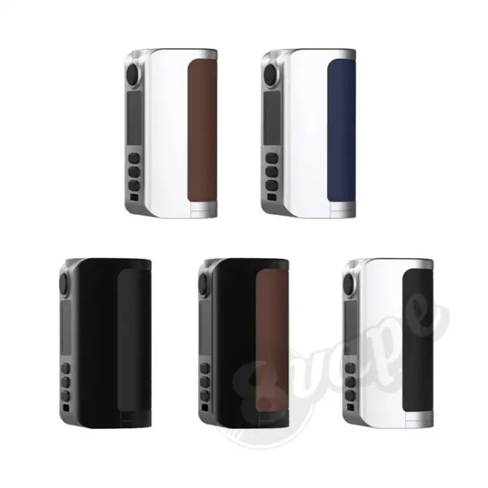 Electronic vaping devices or box mods in various color combinations.