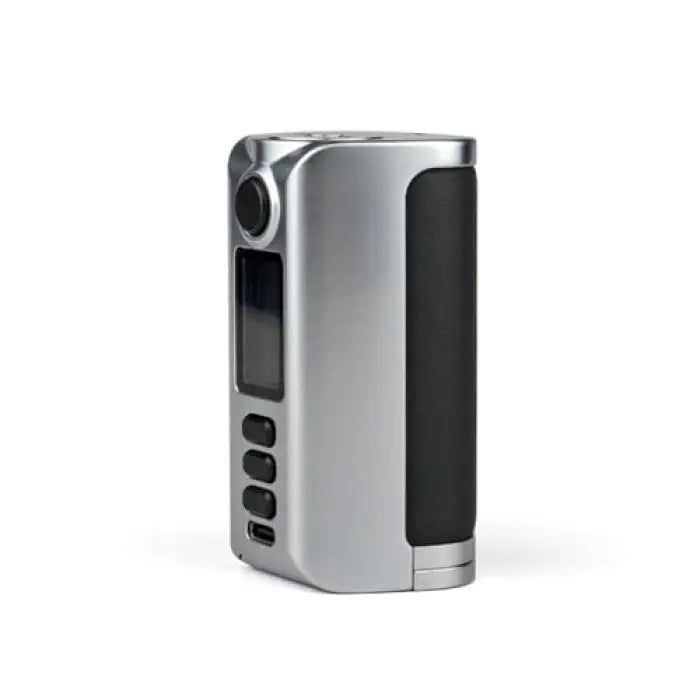 Sleek silver and black electronic vaping device with a digital display and control buttons.