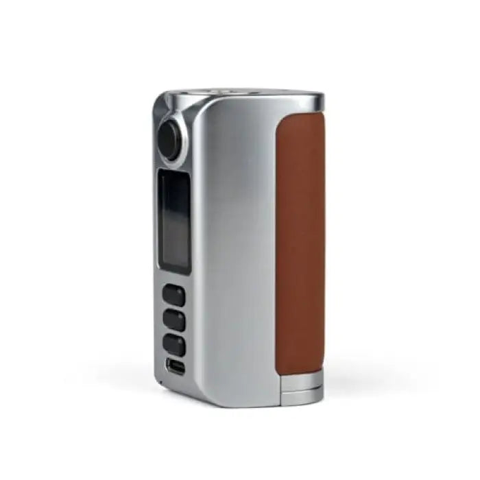 Electronic vaping device with a silver body and brown leather-like panel.