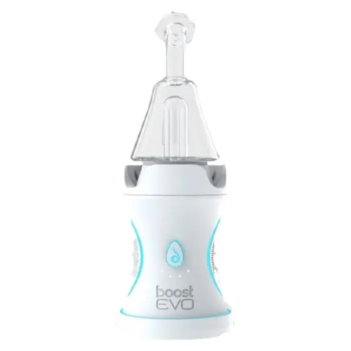 Nasal aspirator device with a clear bulb top and white base featuring blue accents.