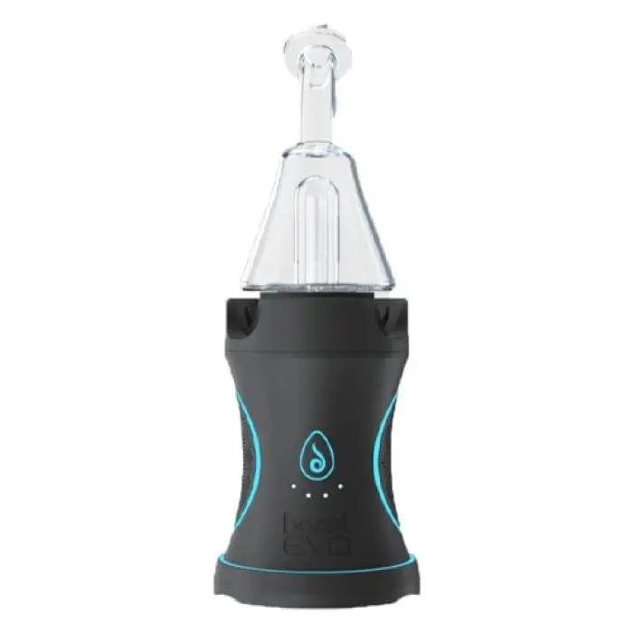 Sleek electronic vaporizer device with a glass attachment and teal accents.