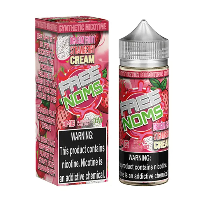 E-liquid bottle and packaging for a strawberry cream flavored vape product called ’Noms’.