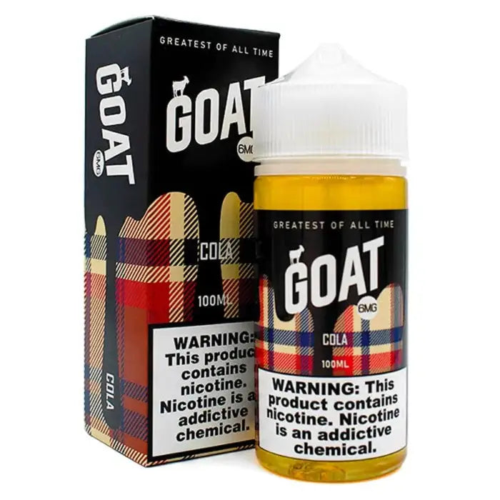 Bottle of e-liquid labeled ’GOAT Cola’ with its packaging box.