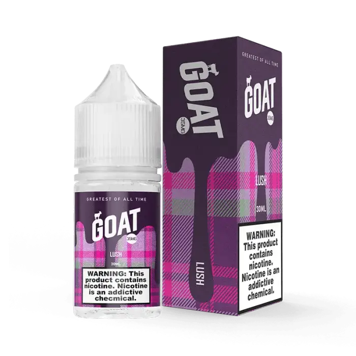 E-liquid bottle and packaging for a vaping product called ’The Goat’ in purple and pink colors.