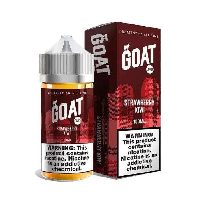 E-liquid bottle and packaging for ’GOAT’ brand strawberry kiwi flavor vape juice.