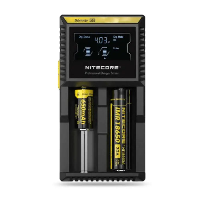 Battery charger with a digital display and two battery slots.