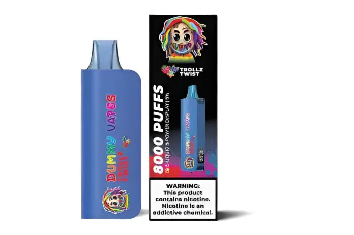 Blue disposable vape device with colorful cartoon-style branding.