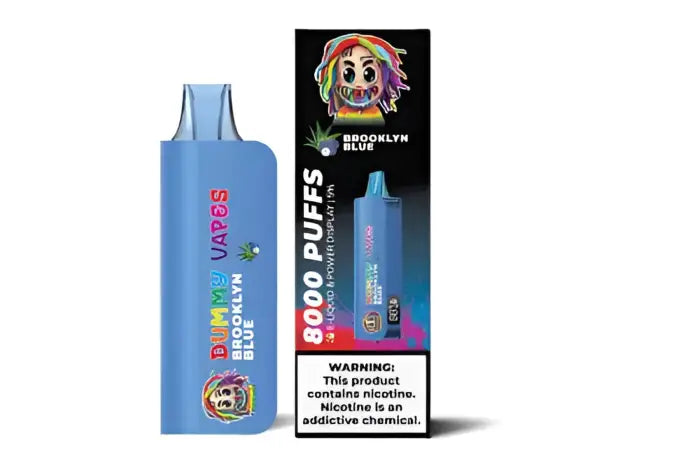 Blue disposable vape device with colorful branding and a warning label.