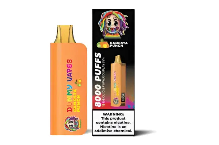 Bright orange disposable vape device with colorful text and a cartoon character logo.