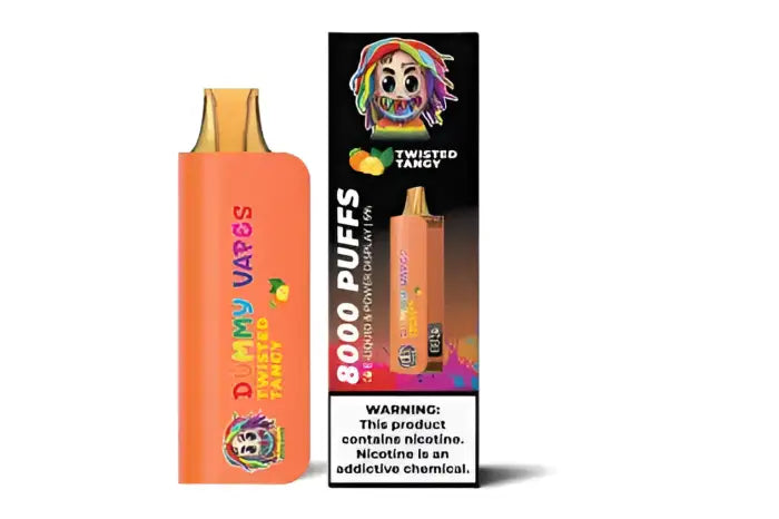 Disposable vape device with orange casing and colorful packaging featuring a cartoon character.