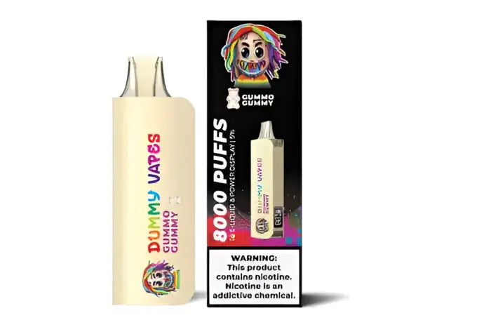 Disposable vape device with colorful branding and packaging.