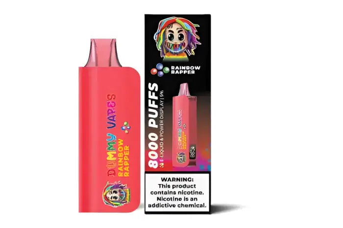 Pink disposable vape device with colorful cartoon character branding.