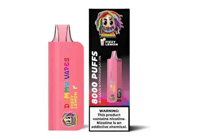 Pink disposable vape device with colorful branding and a warning label.