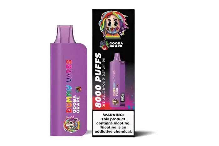 Purple disposable vape device with colorful cartoon-style branding.