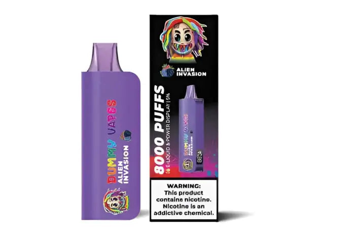 Purple disposable vape device with colorful branding and packaging.