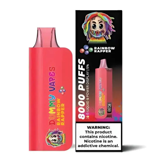 Red disposable vape device with colorful ’Rainbow Rapper’ branding.