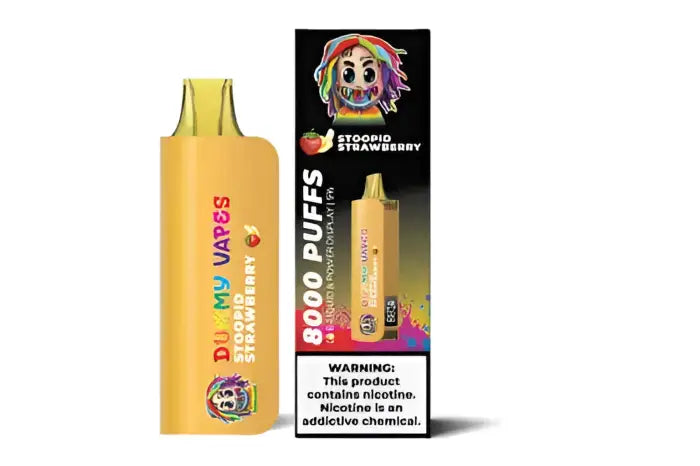 Yellow disposable vape device with colorful packaging featuring a cartoon character logo.