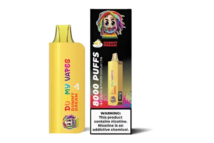 Yellow disposable vape device with colorful packaging featuring a cartoon character.