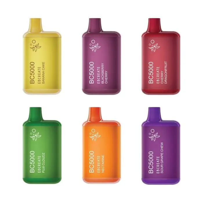 Colorful flat plastic bottles with floral logos and text labeling.