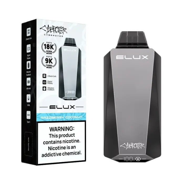 Electronic vaping device with its packaging box displaying product details and warnings.