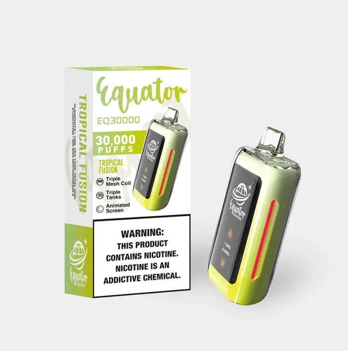 Disposable vape device with its packaging, displaying a warning label about nicotine content.